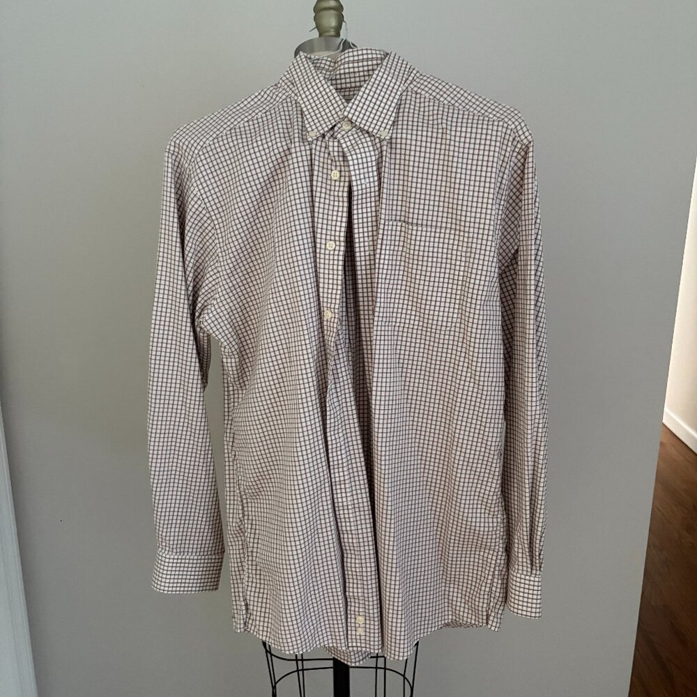 L.L. Bean Men's Windowpane Plaid Brown Regular Fit Button Down Shirt Preppy L